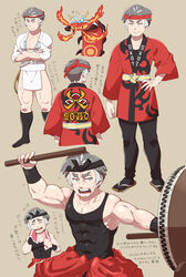  1boy batabiru biceps black_legwear black_pants black_tank_top black_wristband centiskorch closed_mouth commentary_request covered_abs crossed_arms drum fingernails fire grey_hair hachimaki hand_on_own_hip happi headband highres holding holding_stick instrument japanese_clothes kabu_(pokemon) loincloth male_focus mizu_happi multicolored_hair multiple_views muscular muscular_male nejiri_hachimaki open_mouth pants pelvic_curtain pokemon pokemon_(creature) pokemon_swsh red_headband sandals sash socks stick sweat taiko_drum taiko_sticks tank_top teeth thighs tongue towel towel_around_neck translation_request two-tone_hair 