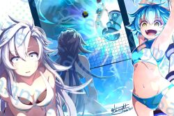  2girls antenna_hair artist_name beach_volleyball bikini blue_hair breasts cleavage commentary_request commission double-parted_bangs eiyuu_densetsu fie_claussell lolidom long_hair millium_orion multiple_girls navel open_mouth playing_sports sen_no_kiseki_(series) sen_no_kiseki_iv skeb_commission small_breasts spiking stomach surprised swimsuit tinybiard volleyball_(sport) white_hair yellow_eyes 