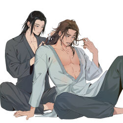  2boys abs all_wishes_come_true! barefoot black_eyes black_hair black_hanfu black_pants blush brown_eyes brown_hair brushing_another's_hair brushing_hair chinese_clothes closed_mouth collarbone comb danasauurr english_commentary facial_hair full_body hair_down hairdressing hanfu highres holding holding_another's_hair holding_comb holding_own_hair indian_style knee_up long_hair long_sleeves looking_at_another lv_dongbin_(all_wishes_come_true!) male_focus multiple_boys mustache_stubble open_mouth pants parted_lips pectoral_cleavage pectorals robe royal_ease simple_background sitting smile stubble toned toned_male white_background white_hanfu yaoi zhongli_quan_(all_wishes_come_true!) 