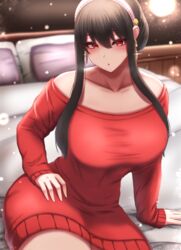  1girls absurd_res assassin bangs bed bedroom big_breasts black_hair collarbone earrings eyebrows_visible_through_hair female female_only hand_on_thigh headband long_hair pillow red_eyes red_sweater sitting sitting_on_bed spy_x_family sweater thick_thighs thorn_princess yor_briar yor_forger zetsuhei_no_roran 