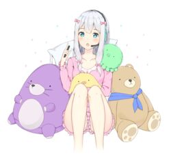  :o adore_(adoredesu) bare_legs blue_eyes blush bow collarbone commentary_request eromanga_sensei female frilled_shorts frilled_sleeves frills gradient_hair grey_hair hairbow hand_up highres holding holding_stylus index_finger_raised izumi_sagiri knees_up light_purple_hair long_hair looking_at_viewer multicolored_hair open_mouth pajamas panties panty_peek pantyshot pillow pink_bow pink_ribbon ribbon ribbon-trimmed_shirt ribbon_trim shorts sidelocks sitting solo striped_clothes striped_panties stuffed_animal stuffed_octopus stuffed_toy stylus teddy_bear underwear 