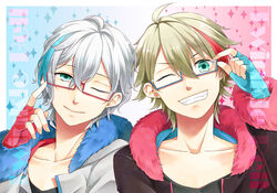  2boys aqua_eyes blonde_hair blue_hair brothers closed_eyes commentary_request fangs glasses honata i-chu kururugi_mutsuki kururugi_satsuki male_focus multicolored_hair multiple_boys one_eye_closed photoshop_(medium) red_hair siblings smile twinkle_bell_(i-chu) twins 