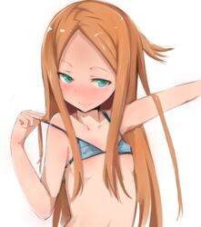  aqua_eyes bikini blush brown_hair commentary_request female flat_chest highres konami_kirie long_hair muoto smile solo strap_pull swimsuit upper_body world_trigger 