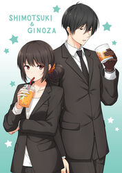  1boy alcohol black_hair brown_eyes business_suit character_name commentary_request cup drinking drinking_straw female folded_ponytail formal ginoza_nobuchika hair_ornament hair_scrunchie holding holding_cup nakamura_sumikage necktie psycho-pass scrunchie shimotsuki_mika short_hair suit whiskey 