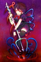  :p asymmetrical_wings black_hair black_thighhighs commentary_request female highres houjuu_nue mushi_baibai polearm red_eyes solo thighhighs tongue tongue_out touhou trident weapon wings 