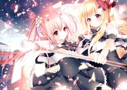  2girls blonde_hair blush bow capelet commentary_request flower hair_flower hair_ornament hairbow horns juuoumujin_no_fafnir kabako_(lilypicture410v) light_particles lisa_highwalker long_hair looking_at_viewer multiple_girls pink_hair polearm purple_eyes red_bow red_eyes smile spear tear_lightning twintails weapon 