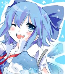  ;d blue_eyes blue_hair cirno commentary_request female food hair_ribbon ice ice_wings mushi_baibai one_eye_closed open_mouth ribbon shaved_ice short_hair smile solo star-shaped_pupils star_(symbol) symbol-shaped_pupils touhou wings 