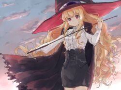  black_cape black_skirt blonde_hair blouse blunt_bangs bow bowtie cape closed_mouth cloud commentary_request corset cowboy_shot curly_hair female gradient_sky hat holding holding_riding_crop lilith_(yamibou) long_hair miniskirt oge_(ogeogeoge) pink_eyes red_eyes riding_crop shirt sidelocks skin_tight skirt sky smile solo twilight very_long_hair wavy_hair white_bow white_shirt yami_to_boushi_to_hon_no_tabibito 