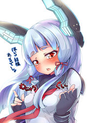  aqua_hair black_gloves blunt_bangs blush commentary_request dress female fingerless_gloves gloves hair_ribbon headgear highres kantai_collection long_hair looking_at_viewer murakumo_(kancolle) neckerchief okuva open_mouth red_eyes ribbon sailor_collar sailor_dress sidelocks simple_background solo translation_request upper_body white_background 