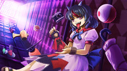  azumi_(madogiwa_bocchi_seki) bangle black_hair bomb bow bracelet camera commentary_request doll dress explosive female grey_horns horns impossible_spell_card jewelry jizou kijin_seija lantern mallet multicolored_hair open_mouth parasol red_eyes red_hair short_hair smile solo streaked_hair tongue tongue_out touhou umbrella white_hair yin_yang 