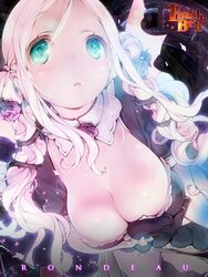  artist_name black_gloves blonde_hair blush breast_hold breasts choker cleavage cleavage_cutout clothing_cutout commentary_request copyright_name female flower gloves green_eyes hair_flower hair_ornament hair_vines katerina_(rondo_duo) large_breasts looking_at_viewer parted_lips pink_hair rondo_duo solo tinkle_bell triangle_mouth twintails 