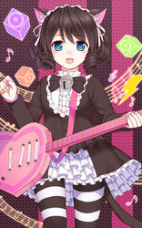  animal_ears bell black_hair cat_ears cat_girl cat_tail commentary_request curly_hair cyan_(show_by_rock!!) dress fangs female guitar heart_guitar instrument md5_mismatch photoshop_(medium) show_by_rock!! solo strawberry_heart_(show_by_rock!!) striped_clothes striped_thighhighs tail thighhighs tukino_neru 