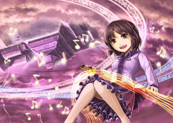  azumi_(madogiwa_bocchi_seki) beamed_eighth_notes beamed_sixteenth_notes brown_eyes brown_hair cloud commentary_request eighth_note female hairband instrument magic_circle musical_note open_mouth quarter_note shining_needle_castle short_hair skirt smile solo touhou tsukumo_yatsuhashi 