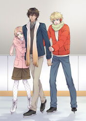  3boys aidou_seiya animal_hood blonde_hair braid brown_hair coat commentary_request earmuffs fire_fenix_(i-chu) full_body hood i-chu ice_skates male_focus minato_kanata mitsurugi_akira multiple_boys pantyhose polka_dot polka_dot_legwear rabbit_hood scarf shima108 shorts single_braid skates 