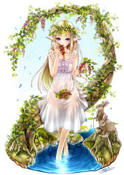  blonde_hair blue_eyes commentary_request dress elf female food fruit grapes head_wreath highres kininaljaguar long_hair original pointy_ears rabbit solo wading water white_dress 