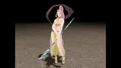  3d animated animated bare_shoulders blue_eyes bouncing_breasts breasts cleavage cleavage_cutout dress earrings elbow_gloves female female gensou_suikoden gensou_suikoden_v gloves high_heels jeane jewelry large_breasts legs long_hair midriff pink_hair ponytail solo staff suikoden suikoden_v 