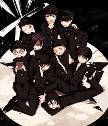  6+boys black_eyes black_hair brown_eyes brown_hair dafu_(litchi_hikari_club) dentaku_(litchi_hikari_club) eyepatch frown gakuran glasses hair_over_one_eye hat highres hug jaibo_(litchi_hikari_club) kaneda_(litchi_hikari_club) lipstick litchi_hikari_club looking_up lying makeup maruino multiple_boys nico_(litchi_hikari_club) on_side on_stomach open_mouth pale_skin peaked_cap raizou_(litchi_hikari_club) scar school_uniform shaded_face sitting smile tamiya_(litchi_hikari_club) yakobu_(litchi_hikari_club) zera_(litchi_hikari_club) 