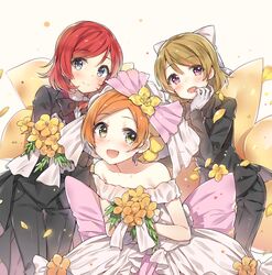  3girls bad_id bad_twitter_id bare_shoulders blush bouquet bow bowtie brown_hair dress earrings flower formal gloves green_eyes hoshizora_rin jewelry koizumi_hanayo love_live! love_live!_school_idol_project love_wing_bell multiple_girls nishikino_maki open_mouth purple_eyes red_hair short_hair smile suit traditional_bowtie wedding_dress white_gloves yuran 