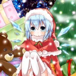  aqua_eyes blue_eyes blue_hair capelet cirno commentary_request female hat ice ice_wings mushi_baibai red_capelet santa_costume santa_hat solo stuffed_animal stuffed_toy teddy_bear touhou wings 