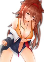  absurdres ahoge bikini black_jacket blush breasts brown_eyes cleavage closed_mouth collarbone commentary_request female hair_flaps headband highres jacket jewelry kantai_collection large_breasts leaning_forward long_hair looking_at_viewer necklace open_clothes open_jacket red_hair red_headband remodel_(kantai_collection) ring ring_necklace shiratsuyu_(kancolle) simple_background smile solo swimsuit terebi- wedding_ring white_background yellow_bikini zipper 