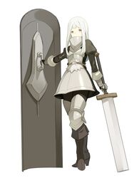  armor bad_id bad_twitter_id boots brown_footwear commentary covered_face female gauntlets greaves holding holding_shield holding_sword holding_weapon juliet_sleeves km_yama long_hair long_sleeves looking_at_viewer original plate_armor puffy_sleeves shield solo sword tower_shield weapon white_hair yellow_eyes 