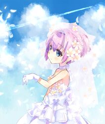  alternate_costume bare_shoulders blue_eyes blue_sky bridal_veil bride cloud cloudy_sky commentary_request day dress female flower gloves gown hair_flower hair_ornament kantai_collection petals pink_hair ponytail ribbon shiranui_(kancolle) short_hair short_ponytail sky solo takamura_masaya veil wedding_dress white_dress white_gloves 