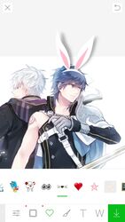  2boys animal_ears blue_eyes blue_hair cape chrom_(fire_emblem) chrom_(spring)_(fire_emblem) falchion_(fire_emblem) fire_emblem fire_emblem_awakening fire_emblem_heroes gloves highres hood male_focus multiple_boys protected_link rabbit_ears robin_(fire_emblem) robin_(male)_(fire_emblem) s_upernova short_hair smile superhero_costume white_hair 