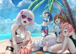  .live 1boy 5girls absurdres animal_ears ankimo_(tokino_sora) aoi_ch. azuma_lim bacharu_(vtuber) beach bikini black_hair blue_eyes breasts brown_hair cat_ears closed_eyes cloud cloudy_sky commentary_request cyber_v day eyewear_on_head fuji_aoi hair_between_eyes hair_ornament hair_scrunchie heart heart-shaped_eyewear heart_hair_ornament highres hinata_channel hololive hood hoodie icetea lap_pillow long_hair low_twintails medium_breasts multiple_girls navel nekomiya_hinata nuwon ocean oerba_yun_fang one_eye_closed open_mouth outdoors palm_tree pink_hair ponytail print_sarong purple_eyes sand sarong school_swimsuit scrunchie short_hair sitting sky small_breasts smile sunglasses swimsuit thigh_strap tokino_sora tree twintails virtual_youtuber water white_hair yomemi 