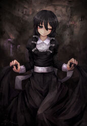  ;) artist_name black_dress black_hair bow commentary_request dress eyelashes female hair_between_eyes hairbow head_tilt highres juliet_sleeves long_hair long_sleeves looking_at_viewer low_twintails one_eye_closed photoshop_(medium) puffy_sleeves ray-k sash signature skirt_hold smile solo twintails ukagaka yume_nikki_(ukagaka) 