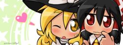  2girls ;o ascot bandaid black_hair blonde_hair coffgirl commentary_request finger_to_mouth hair_tubes hakurei_reimu hat heart kirisame_marisa multiple_girls one_eye_closed red_eyes touhou wavy_mouth witch_hat yellow_eyes 