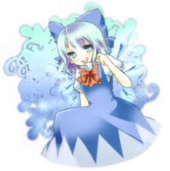  blue_bow blue_dress blue_eyes blue_hair bow cirno commentary_request dress female frilled_sleeves frills hair_ribbon hairbow ice ice_wings mushi_baibai open_mouth pinafore_dress puffy_short_sleeves puffy_sleeves ribbon shirt short_sleeves sleeveless sleeveless_dress solo teeth touhou upper_teeth_only white_shirt wings 