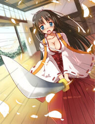  aiming aiming_at_viewer black_hair blue_eyes blush breasts cherry_blossoms cleavage commentary dutch_angle female foreshortening hair_ribbon hakama hakama_skirt hidan_no_aria holding holding_sword holding_weapon hotogi_shirayuki japanese_clothes katana large_breasts long_hair miko motion_lines mushiboy open_clothes open_mouth open_shirt pointing_sword red_hakama ribbon ribbon-trimmed_sleeves ribbon_trim shirt skirt solo sunrise_stance sword weapon wide_sleeves 