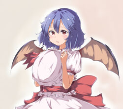  :o bad_id bad_pixiv_id bat_wings blouse blue_hair cowboy_shot female gradient_background hair_between_eyes hat hat_on_chest holding holding_clothes holding_hat looking_at_viewer pink_background pink_shirt pink_skirt piyo_(rbxsq252) puffy_short_sleeves puffy_sleeves red_eyes remilia_scarlet sash shirt short_hair short_sleeves simple_background skirt solo touhou unworn_hat unworn_headwear wings 