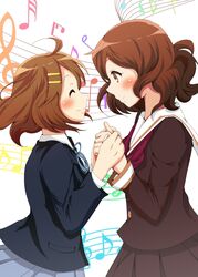  2girls ^_^ beamed_eighth_notes blush brown_eyes brown_hair closed_eyes commentary_request company_connection crossover eighth_note from_side hair_ornament hairclip half_note hibike!_euphonium highres hirasawa_yui holding_hands k-on! kitauji_high_school_uniform kitsune_(foxsiona) kyoto_animation multiple_girls musical_note neckerchief oumae_kumiko profile quarter_rest red_neckerchief sakuragaoka_high_school_uniform school_uniform serafuku short_hair sixteenth_rest smile staff_(music) thirty-second_note trait_connection treble_clef 