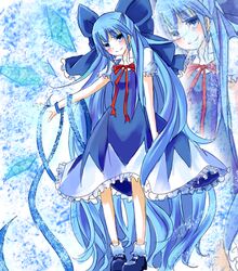  alternate_hairstyle blue_eyes blue_hair cirno commentary_request female hair_ribbon ice ice_wings long_hair mushi_baibai ribbon solo touhou very_long_hair wings 