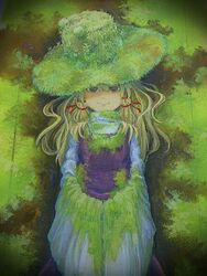  blonde_hair female hands_in_sleeves hat lying miso_pan moriya_suwako moss on_back solo touhou traditional_media wide_sleeves 