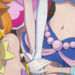  4girls amanogawa_kirara bare_shoulders cure_flora cure_mermaid cure_twinkle earrings gloves go!_princess_precure haruno_haruka haruyama_kazunori head_out_of_frame jewelry kaidou_minami magical_girl midriff multiple_girls nanase_yui navel precure star_(symbol) star_earrings white_gloves 