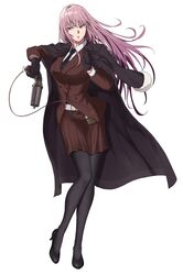  absurdres belt belt_buckle black_coat black_footwear black_gloves black_necktie black_pantyhose blazer brown_jacket brown_skirt buckle coat coat_on_shoulders commentary_request fate/grand_order fate_(series) female floating_hair florence_nightingale_(fate) florence_nightingale_(formal_dress)_(fate) formal full_body gloves gun handgun hands_up high_heels highres holding holding_gun holding_weapon jacket long_hair looking_to_the_side miniskirt necktie pantyhose pepperbox_revolver pink_hair pumps red_eyes red_jacket red_skirt shirt simple_background skirt skirt_suit solo sosona standing suit very_long_hair weapon white_background white_belt white_shirt 