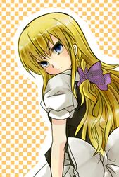  blonde_hair blue_eyes braid commentary female from_behind kirisame_marisa long_hair looking_back mushi_baibai side_braid solo touhou 