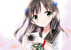  bad_id bad_pixiv_id black_hair blush camera female gotyou green_eyes hair_ornament mitani_kanae pentax product_placement school_uniform serafuku smile solo sweater_vest tamayura two_side_up 