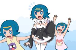  3girls absurdres bad_id bad_pixiv_id blue_eyes blue_hair blush_stickers character_print color_connection cosplay detached_sleeves frills garter_straps hair_color_connection hair_ornament hairband harper_(pokemon) highres lana_(pokemon) maid maid_headdress multiple_girls open_mouth pokemon pokemon_(anime) pokemon_sm_(anime) print_shirt re:zero_kara_hajimeru_isekai_seikatsu rem_(re:zero) rem_(re:zero)_(cosplay) roswaal_mansion_maid_uniform sarah_(pokemon) sarujie_(broken_monky) shellder shirt short_hair siblings sisters skirt skirt_flip slowpoke tears thighhighs twins wavy_mouth x_hair_ornament 