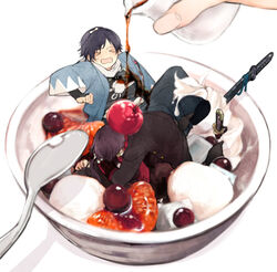  &gt;_&lt; 2boys anmitsu_(dessert) bad_id bad_pixiv_id berry blue_hair bridal_gauntlets cherry closed_eyes dessert food fruit hakama hakama_skirt haori in_food japanese_clothes kashuu_kiyomitsu katana male_focus mandarin_orange mini_person miniboy multiple_boys open_mouth oze_(halcanaoze) pom_pom_(clothes) pouring pun purple_hair scarf sheath sheathed skirt spoon sword syrup touken_ranbu weapon white_scarf yamato-no-kami_yasusada 