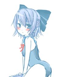  blue_bow blue_eyes blue_hair blush bow cirno commentary_request female from_side hair_ribbon hairbow mushi_baibai one-piece_swimsuit ribbon solo swimsuit touhou 