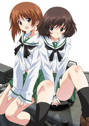  2girls akiyama_yukari black_legwear blush brown_eyes brown_hair commentary_request girls_und_panzer green_skirt highres kurimami loafers looking_at_viewer military military_vehicle miniskirt motor_vehicle multiple_girls neckerchief nishizumi_miho on_vehicle ooarai_school_uniform open_mouth pleated_skirt school_uniform serafuku shoes short_hair sitting skirt smile socks tank v_arms 