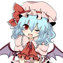  bat_wings blue_hair brooch commentary_request female hat hat_ribbon jewelry mushi_baibai oerba_yun_fang one_eye_closed red_eyes remilia_scarlet ribbon solo touhou wavy_hair wings 