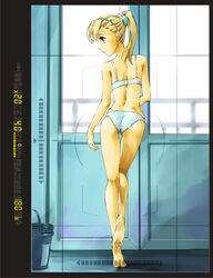  ass back barefoot blonde_hair blue_eyes bra bucket closed_mouth commentary crotch_seam female from_behind full_body green_eyes green_hairband green_scrunchie hairband hallway indoors leg_up legs long_hair marutaya panties ponytail scrunchie solo standing standing_on_one_leg tada-kun_wa_koi_wo_shinai teresa_wagner thigh_gap underwear underwear_only viewfinder white_bra white_panties window 