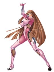  00s aoi_nagisa_(metalder) blue_eyes bodysuit breasts brown_hair erect_nipples female female fighting_stance full_body high_heels hime_cut impossible_clothes koukawa_asuka large_breasts lilith-soft long_hair looking_at_viewer multiple_views ninja no_bra open_mouth simple_background skin_tight smile taimanin_(series) taimanin_asagi thighhighs very_long_hair weapon white_background 