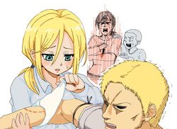  2boys 2girls angry blonde_hair blood blue_eyes christa_renz conny_springer knife multiple_boys multiple_girls panties reiner_braun shingeki_no_kyojin underwear white_background ymir_(shingeki_no_kyojin) 