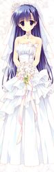  absurdres blue_hair blush breasts choker cleavage dakimakura dress earrings female feng flower gloves highres hoshizora_e_kakaru_hashi incredibly_absurdres jewelry koumoto_madoka long_hair official_art purple_eyes ribbon ryohka ryouka_(suzuya) smile wedding_dress 