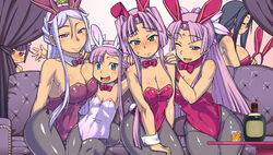  6+girls animal_ears bad_id bad_pixiv_id bare_shoulders blue_eyes blush bow bowtie couch curtains detached_collar fake_animal_ears hands_on_shoulders kannei koihime_musou kougai leotard long_hair multiple_girls open_mouth pantyhose playboy_bunny purple_hair purple_leotard rabbit_ears red_leotard shin_koihime_musou shuuyu sitting smile sonken sonsaku sonshoukou takatsu_keita white_leotard wrist_cuffs 